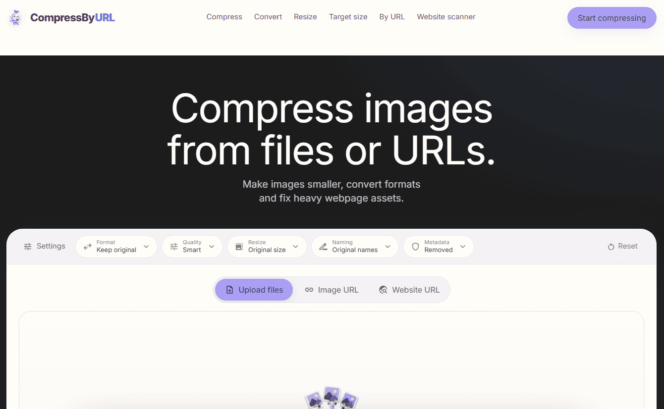 CompressByURL home page with the image upload and compression settings panel