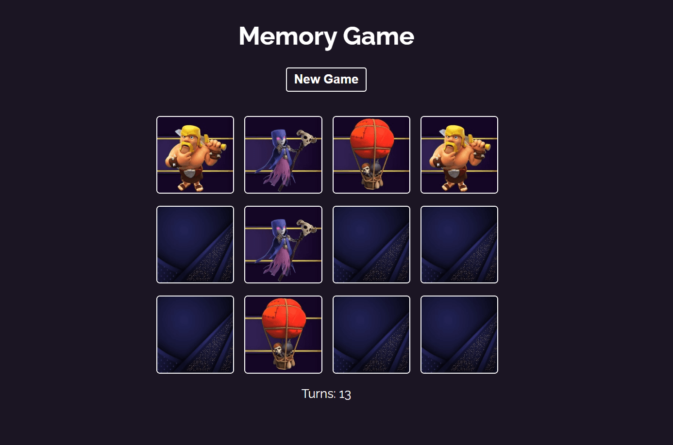 Memory card matching game with timer, score display, and theme options